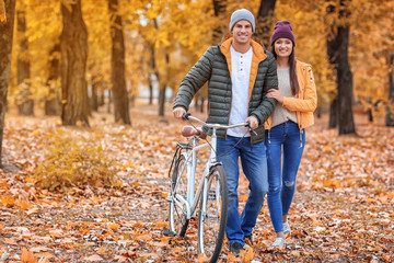 Young couple walking with bicycle through autumn forest