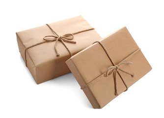 Parcel gift boxes on white background