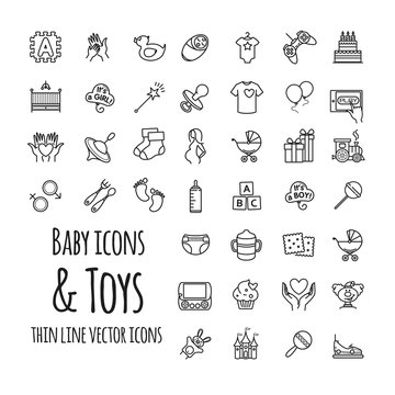 baby, toys, games, feeding and care vector icons set