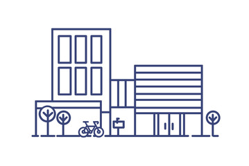 Living city building in contemporary architectural style surrounded by trees and bicycle parked beside it. Modern dwelling drawn with blue contour lines on white background. Vector illustration.