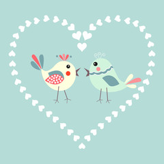 Two happy cute bird in love with the heart. Happy Valentine's day Card.