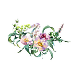 Romantic watercolor Emerald flowers branch bouquet