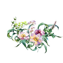 Romantic watercolor Emerald flowers branch bouquet