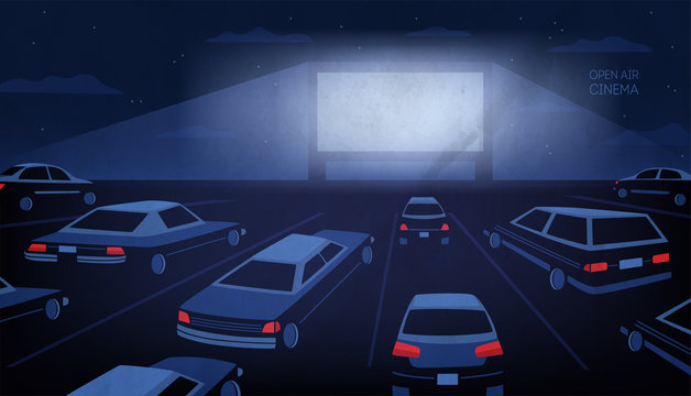 Open air, outdoor or drive-in cinema theater at night. Large movie screen glowing in darkness surrounded by cars against evening sky with stars and clouds on background. Cartoon vector illustration.