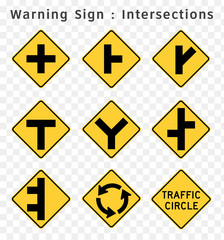 Road sign. Warning. Intersections.  Vector illustration on transparent background