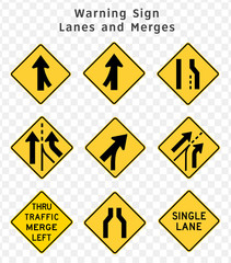 Road sign. Warning. Lanes and Merges.  Vector illustration on transparent background