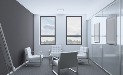 Front view of an office interior with a row of dark wood tables. 3D rendering.