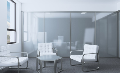 Conference room with wooden table. 3D rendering.