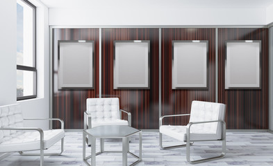 Front view of an office interior with a row of dark wood tables. 3D rendering.