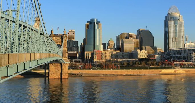 View of the Cincinnati city center with Ohio River in front 4K