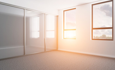 Empty interior. 3D rendering. Sunset