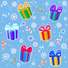 Christmas seamless pattern with gifts, candy canes and snowflakes. Colorful winter cartoon  background. New year vector illustration.