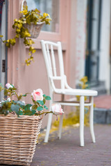 Cute summer empty outdoor cafe at tourist city
