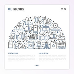 Oil industry concept in half circle with thin line icons: gas, petroleum, diesel,  truck, tanker, ship, refinery, barrel. Modern vector illustration, web page template.
