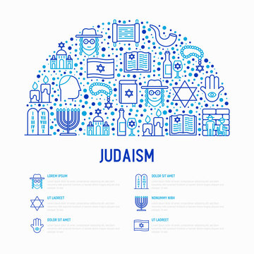 Judaism concept in half circle with thin line icons: Orthodox jew, star of David, sufganiyot, hamsa, candles, synagogue, skullcap, rosary, Western Wal, Tanakh. Vector illustration.