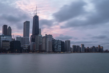 Fototapeta na wymiar Looking down Chicago skyline with pink sky