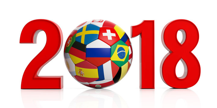 New year 2018 with Russia soccer football ball isolated on white background. 3d illustration