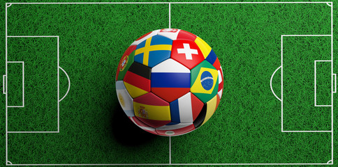 Obraz premium Football soccer ball with world flags on green grass background. 3d illustration