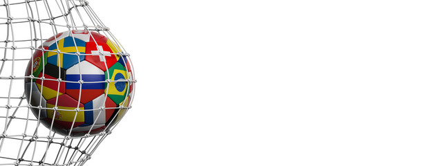 Football soccer ball with world teams in goal, white background. 3d illustration