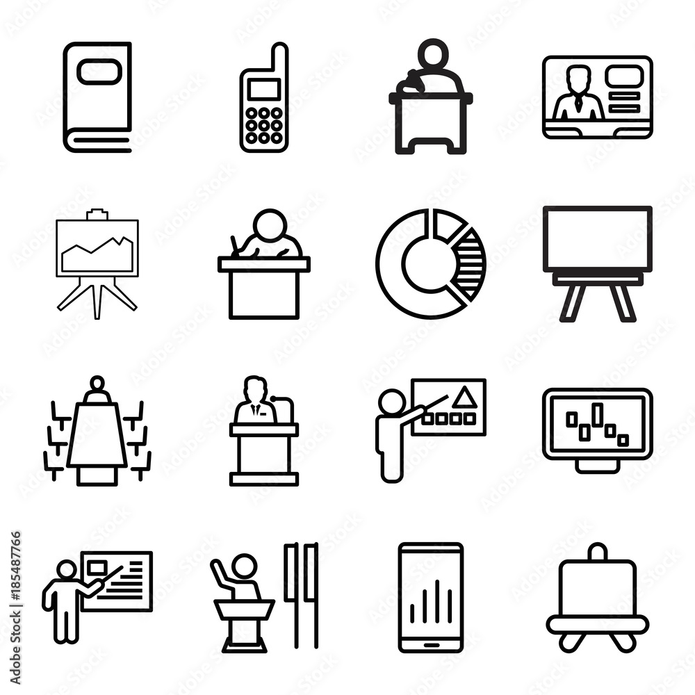 Poster presentation icons. set of 16 editable outline presentation icons