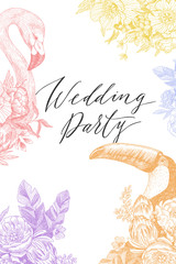 Vector drawing bird Flamingo and tukan with blooming flowers. Invitation decorative element. Graphic bird concept. Tropical concept. flower concept. © valeriyabtsk