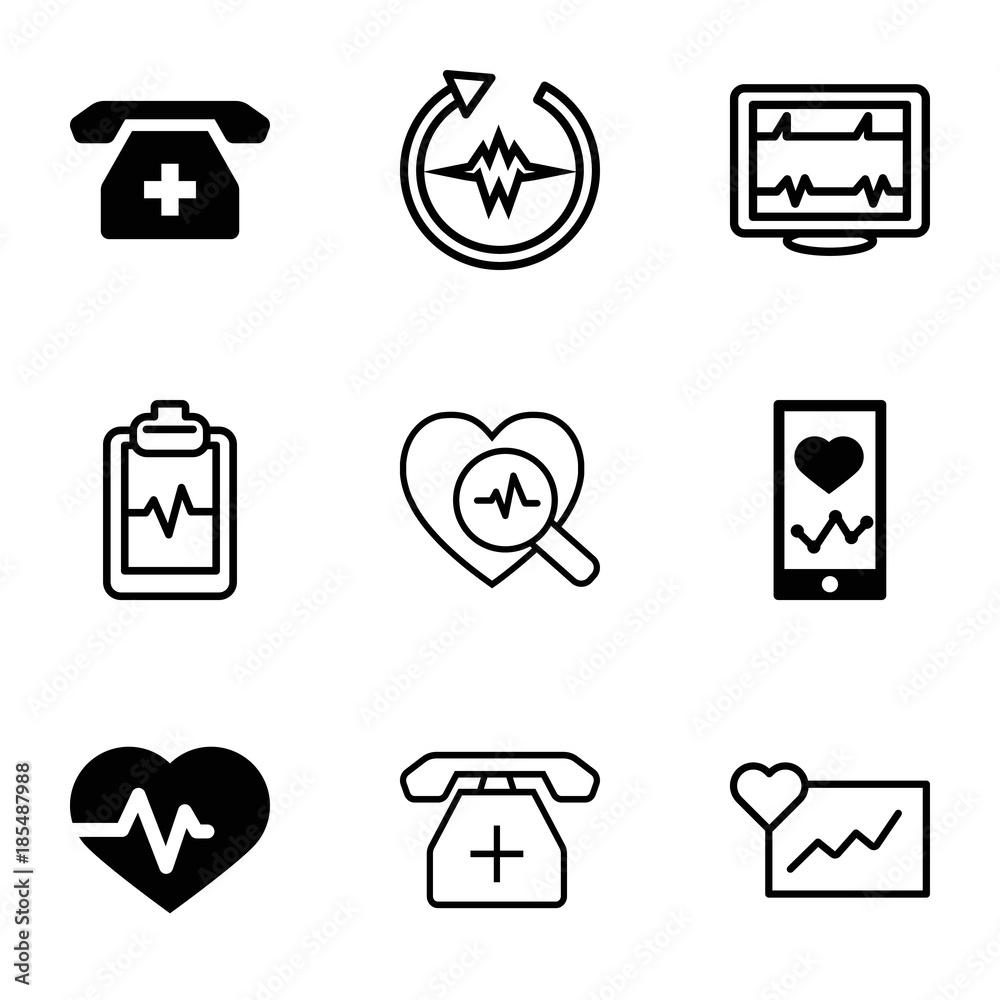 Poster Cardiogram icons. set of 9 editable filled and outline cardiogram icons