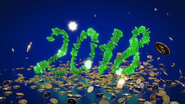 The animation is gold items in the form of money and balls, which form the figures for two thousand and eighteen on a dark blue background with reflections. 3D rendering.