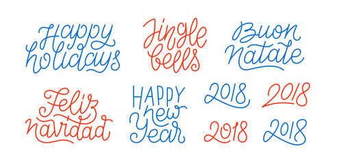 Fototapeta premium Happy New Year, set of numbers 2018, Feliz Navidad, Buon Natale, Happy Holidays line art calligraphic lettering quotes isolated on white background. Editable stroke. Vector typography design