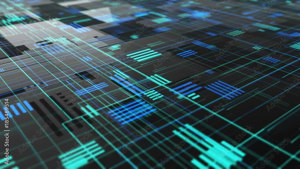 Poster abstract high tech digital technology background made of particles and metallic plates. 3d animation