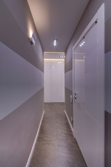 The combined light walls with white glossy doors and a dark ceramic floor
