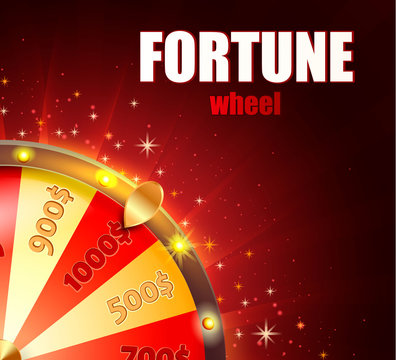 Symbol of spinning fortune wheel in realistic style. Shiny lucky roulette for your design on red glowing background with place for your text. Vector illustration.