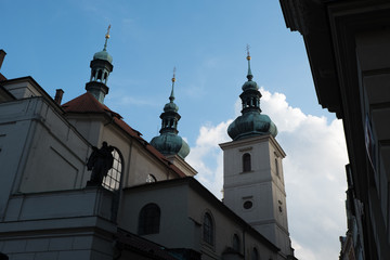 Looking up at the west end of the Church of St Gallen (Svaty Havel) in Prague, Czech Republic. Church of St Gallen on summer day in Prague.