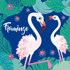 Flamingo with tropical palm leaves. Perfect for wallpapers, web page backgrounds, surface textures, textiles.