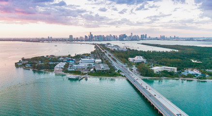 Aerial view of Miami Rickenbacker Causeway at sunset, Florida