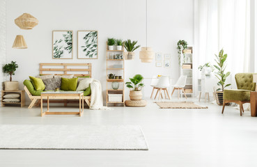 Spacious green apartment with sofa