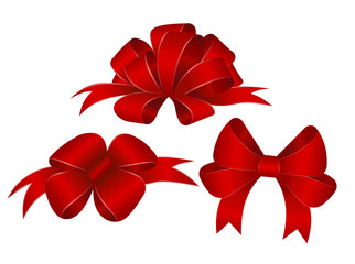 Set of Vector Shiny Red Satin Gift Bows Close up Isolated on White Background