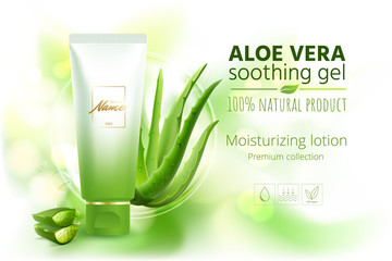 Advertising poster for cosmetic product for catalog, magazine. Vector design of cosmetic package.Moisturizing cream, gel, body lotion with aloe vera extract . Vector illustration with isolated objects
