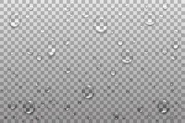 Realistic, transparent drops on a transparent background. Can be used with a different background. Vector illustration