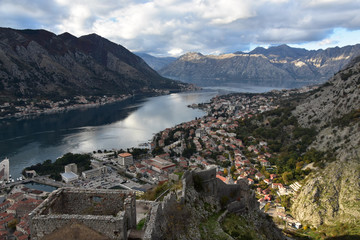View from top of the hill down to the fortress, the town and the bay of Kotor, Montenegro