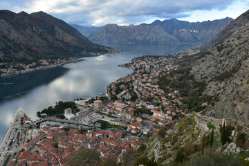 View from top of the hill down to the fortress, the town and the bay of Kotor, Montenegro