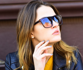 Lady has rest during coffee break. Girl with sunglasses