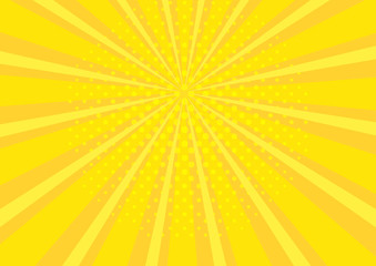 Pop art abstract background with bright yellow sunbeams and halftone dots. Vector illustration
