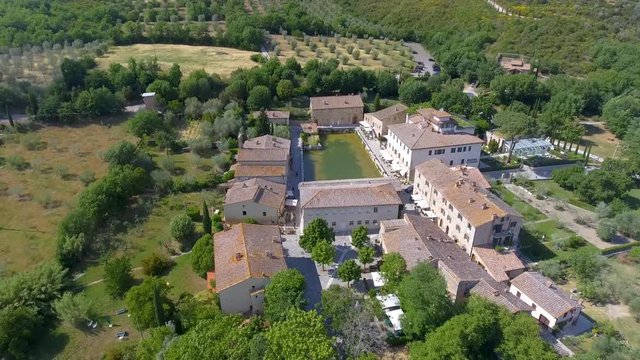 Bagno Vignoni aerial view, medieval Tuscany town in summer