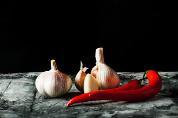 Dry garlic and chili close up