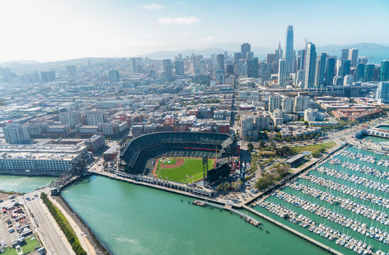 Aerial view of San Francisco skyline on a beautiful sunny summer day