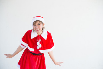 Beautiful young asian woman in Santa Claus clothes on white background,Thailand people,Sent happiness for children,Merry christmas,Welcome to winter,Happy woman concept