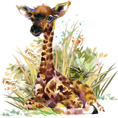 giraffe cub. wild animals watercolor illustration - obrazy, fototapety, plakaty