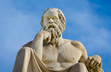 Fototapeta premium Greatest philosopher of ancient Greece Socrates reflects on the meaning of life, on the background of blue sky.