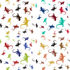 Colorful seamless patterns with lizards. Many gecko different sized and bright colors. Gentle and soft vector illustration on white background.