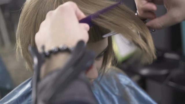 Hairdresser cutting hair of her customer